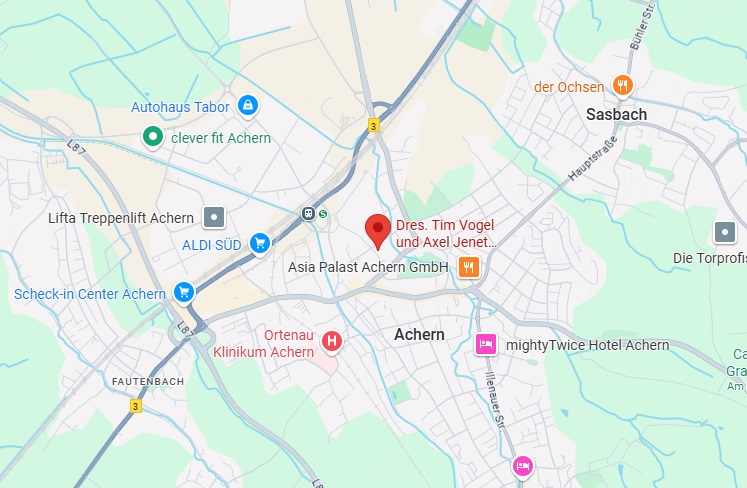 Standort mit einer Verlinkung zu Google Maps des Orthopaedicums Achern.